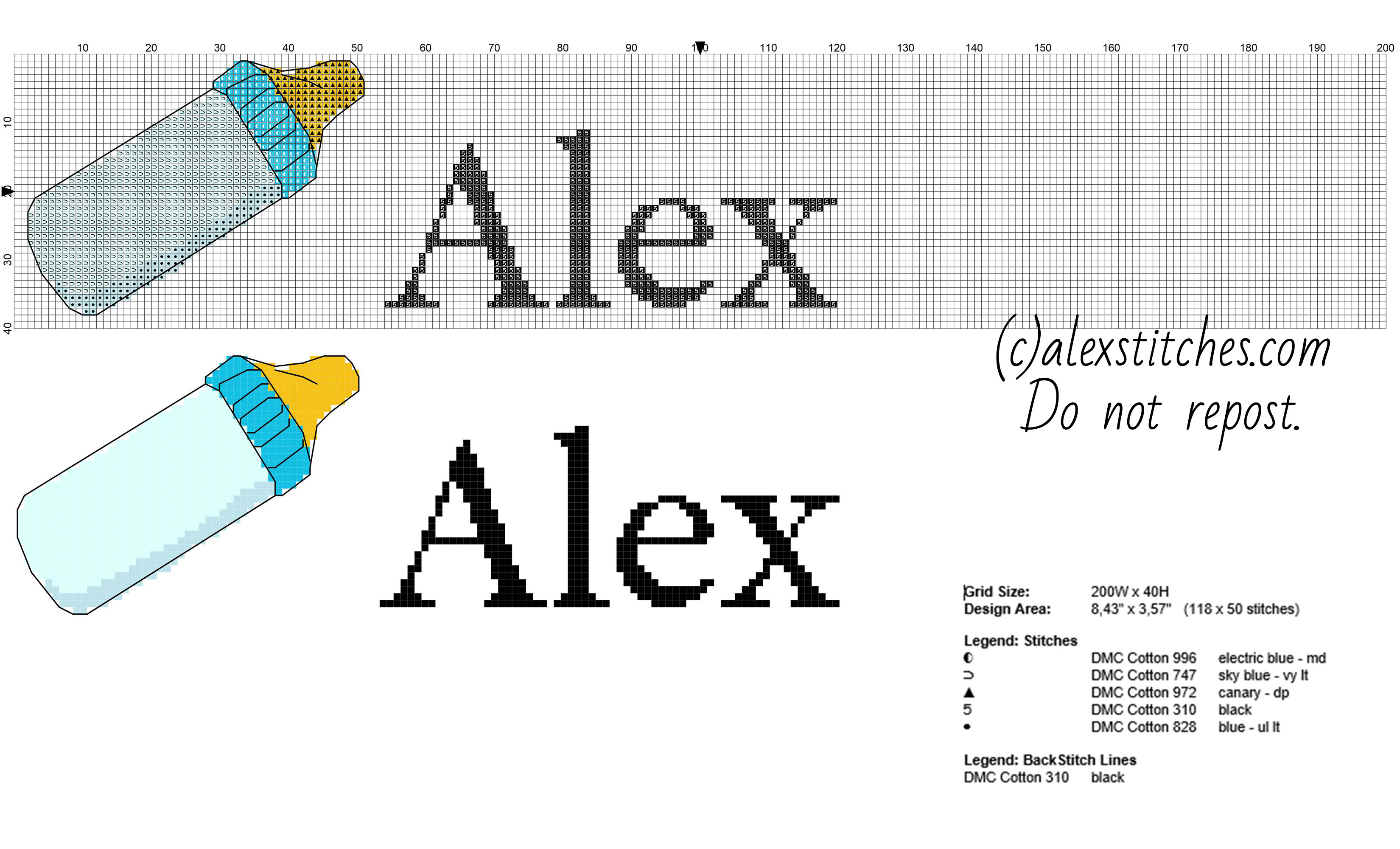 Cross stitch name Alex with a light blue feeding bottle