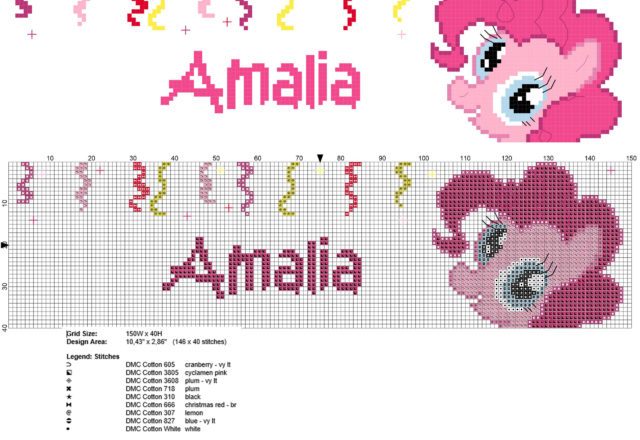 Cross stitch name Amalia with Pinkie Pie My Little Pony free pattern download