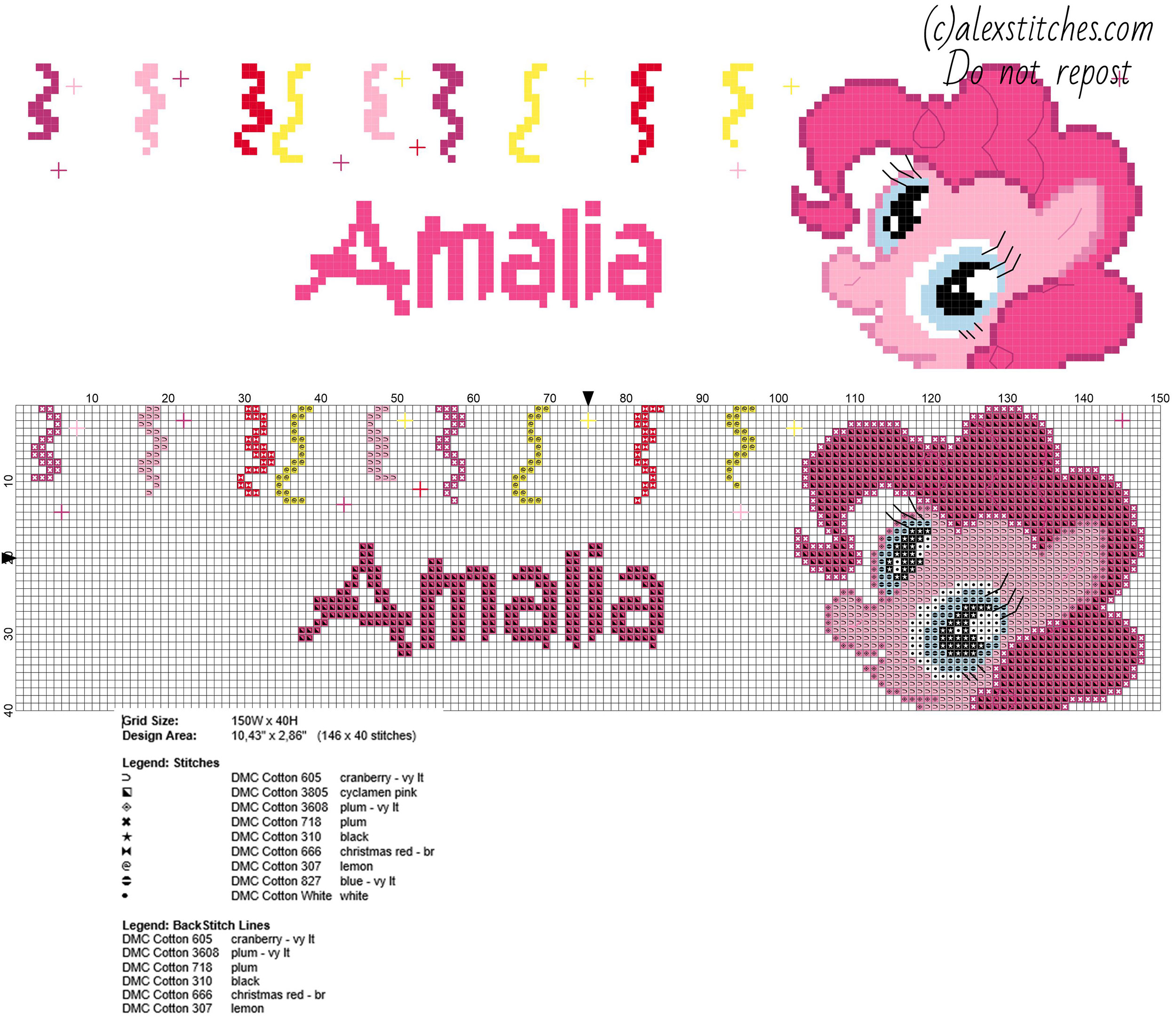 Cross stitch name Amalia with Pinkie Pie My Little Pony free pattern download