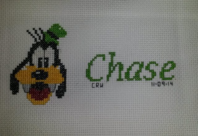 Cross stitch name Chase with Disney Goofy author facebook user Carrie Renae Uetz
