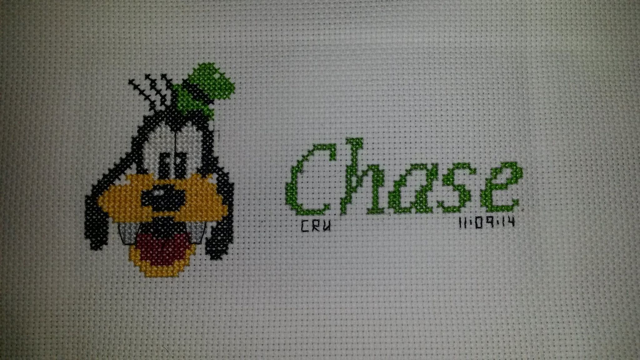 Cross stitch name Chase with Disney Goofy author facebook user Carrie Renae Uetz