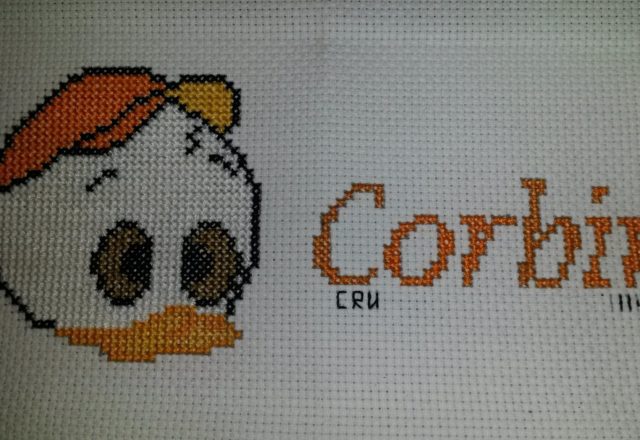 Cross stitch name Corbin with Disney Louie Dewey and Huey author facebook user Carrie Renae Uetz
