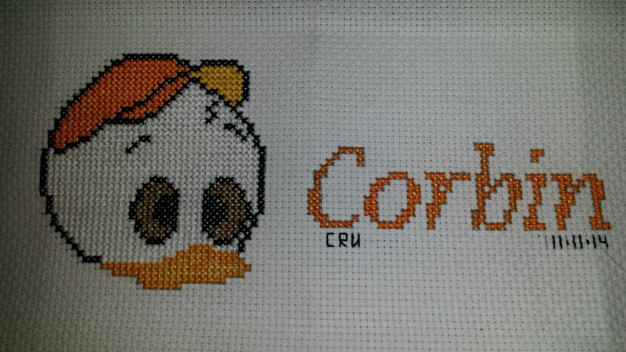 Cross stitch name Corbin with Disney Louie Dewey and Huey author facebook user Carrie Renae Uetz