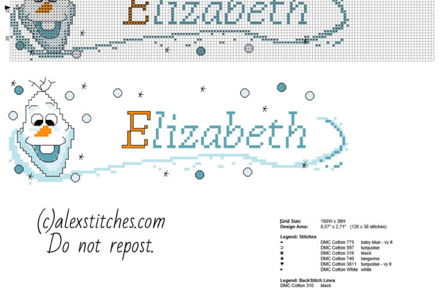 Cross stitch name Elizabeth with Olaf from Disney Frozen free pcstitch download