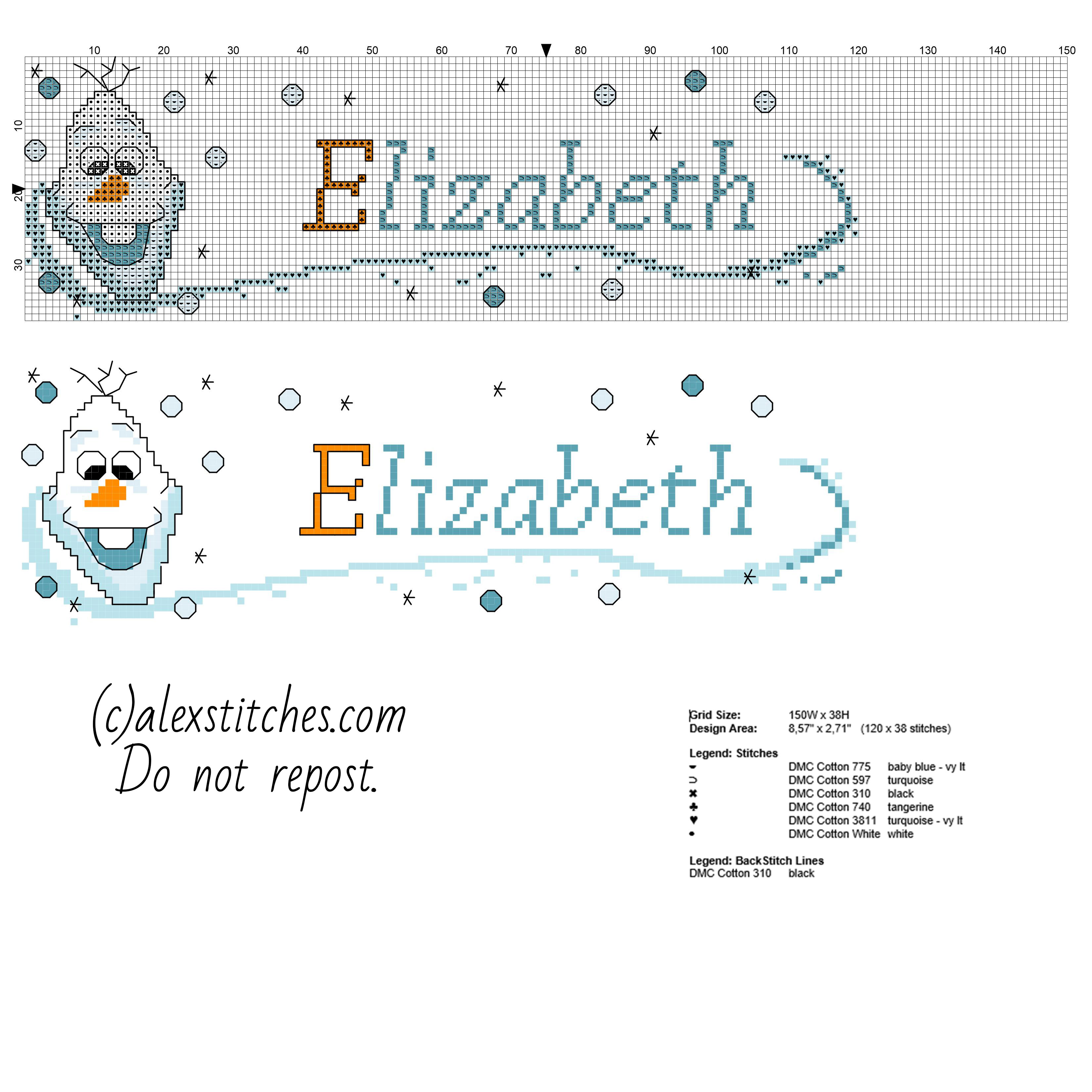 Cross stitch name Elizabeth with Olaf from Disney Frozen free pcstitch download