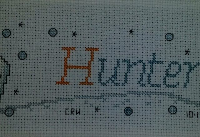 Cross stitch name Hunter with Olaf author facebook user Carrie Renae Uetz