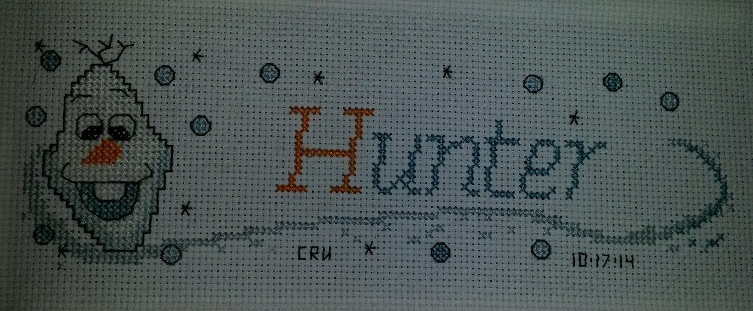 Cross stitch name Hunter with Olaf author facebook user Carrie Renae Uetz