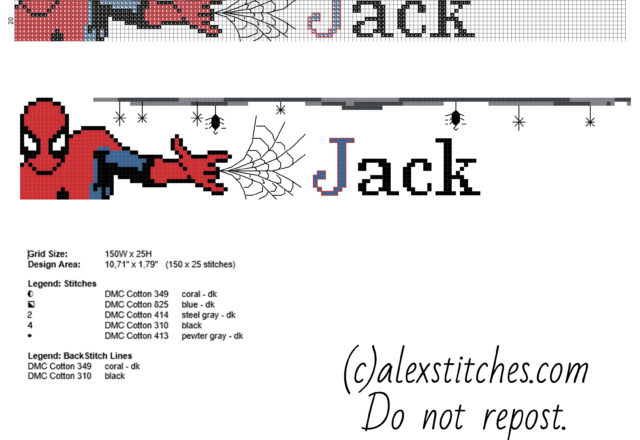 Cross stitch name Jack with Spider Man Superhero