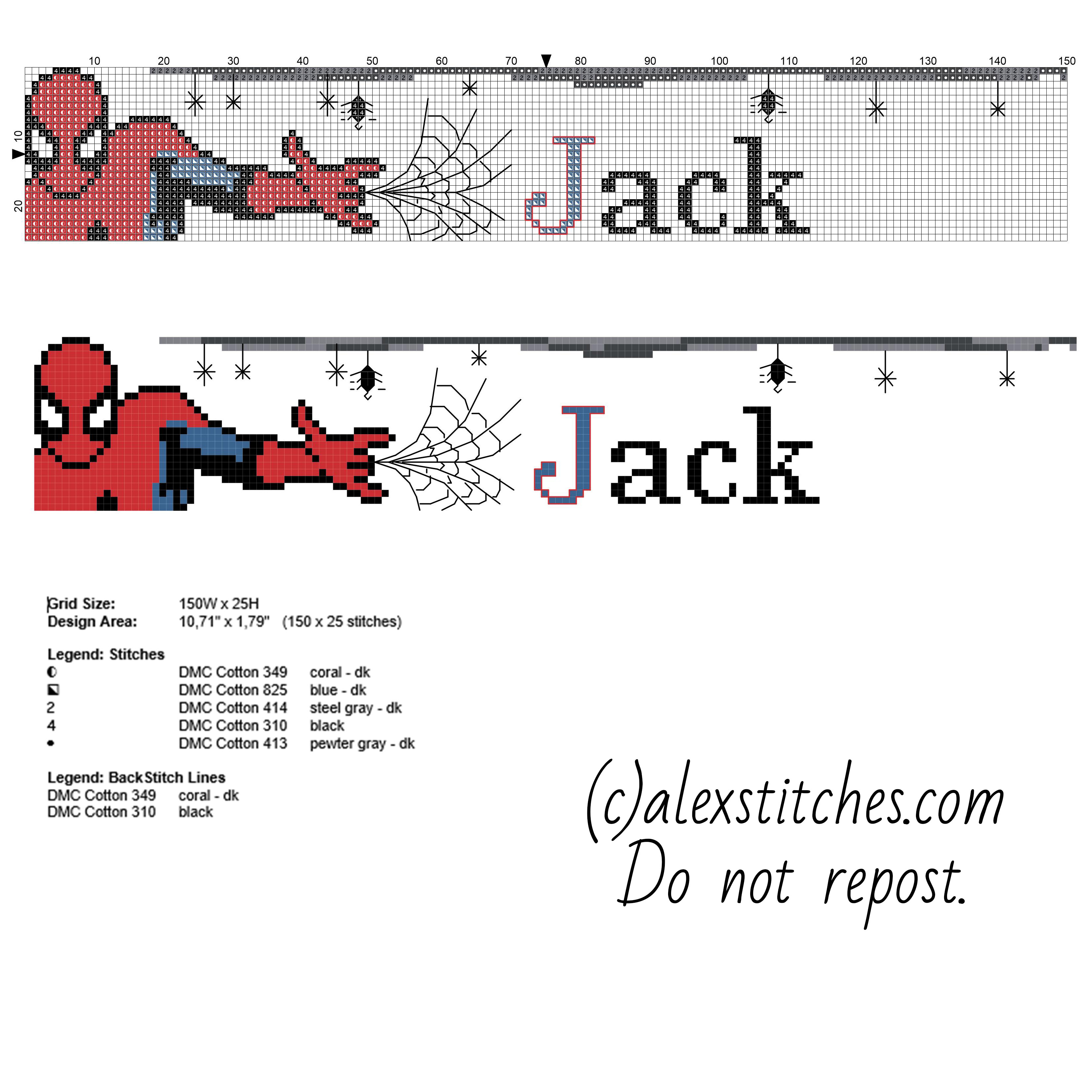 Cross stitch name Jack with Spider Man Superhero