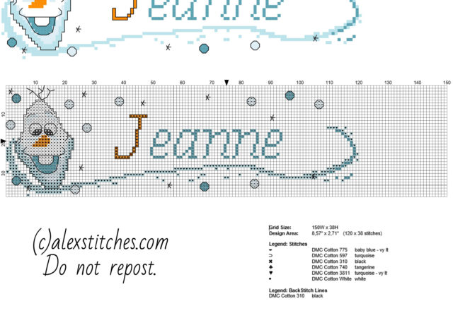 Cross stitch name Jeanne with Disney Frozen cartoon Olaf free pattern download