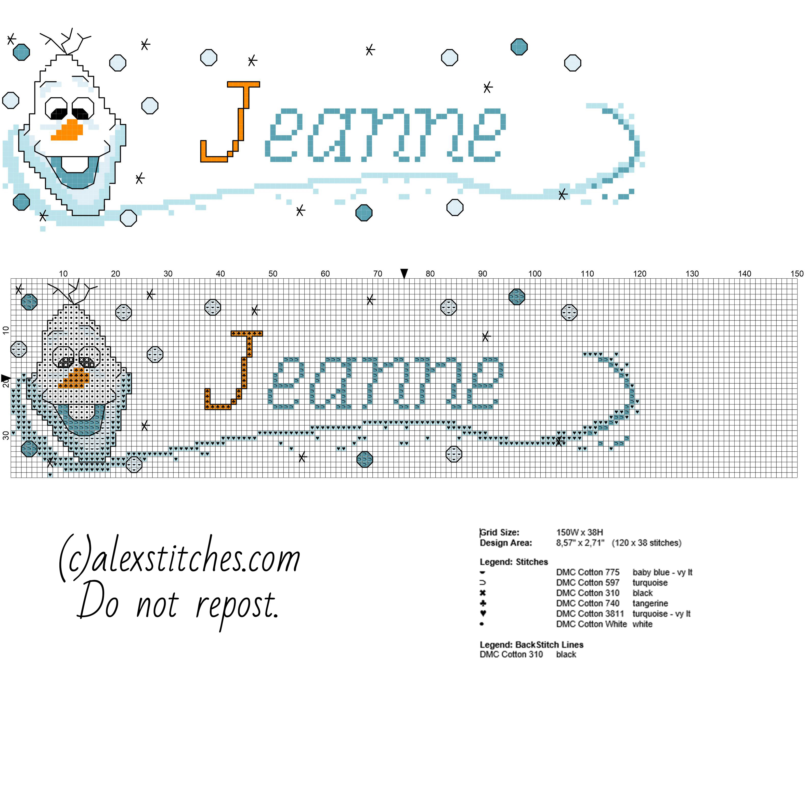 Cross stitch name Jeanne with Disney Frozen cartoon Olaf free pattern download