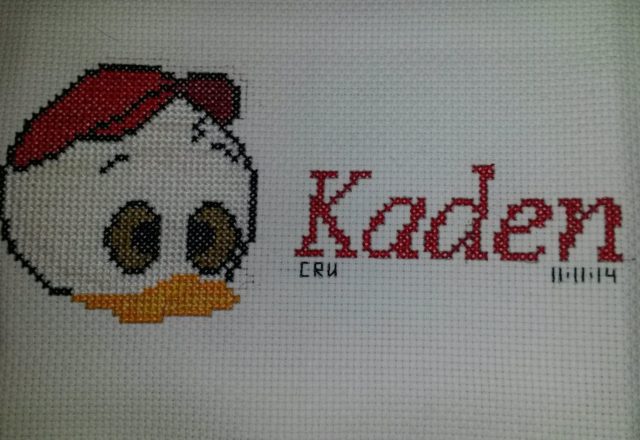 Cross stitch name Kaden with Disney Huey author facebook user Carrie Renae Uetz