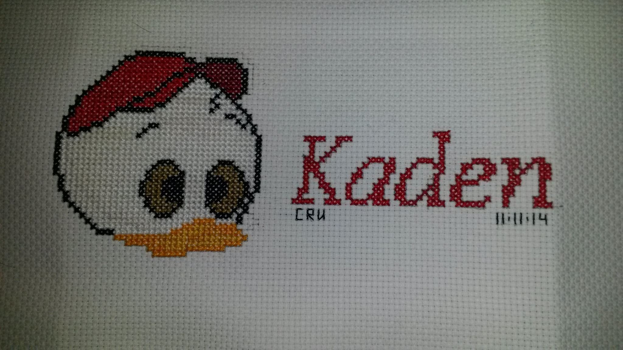 Cross stitch name Kaden with Disney Huey author facebook user Carrie Renae Uetz