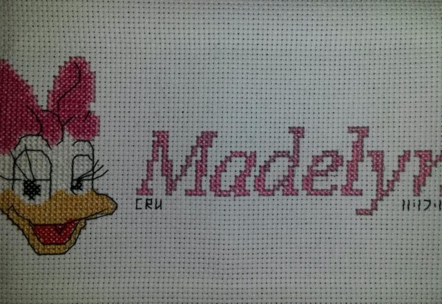 Cross stitch name Madelyn with Disney Daisy Duck author facebook user Carrie Renae Uetz