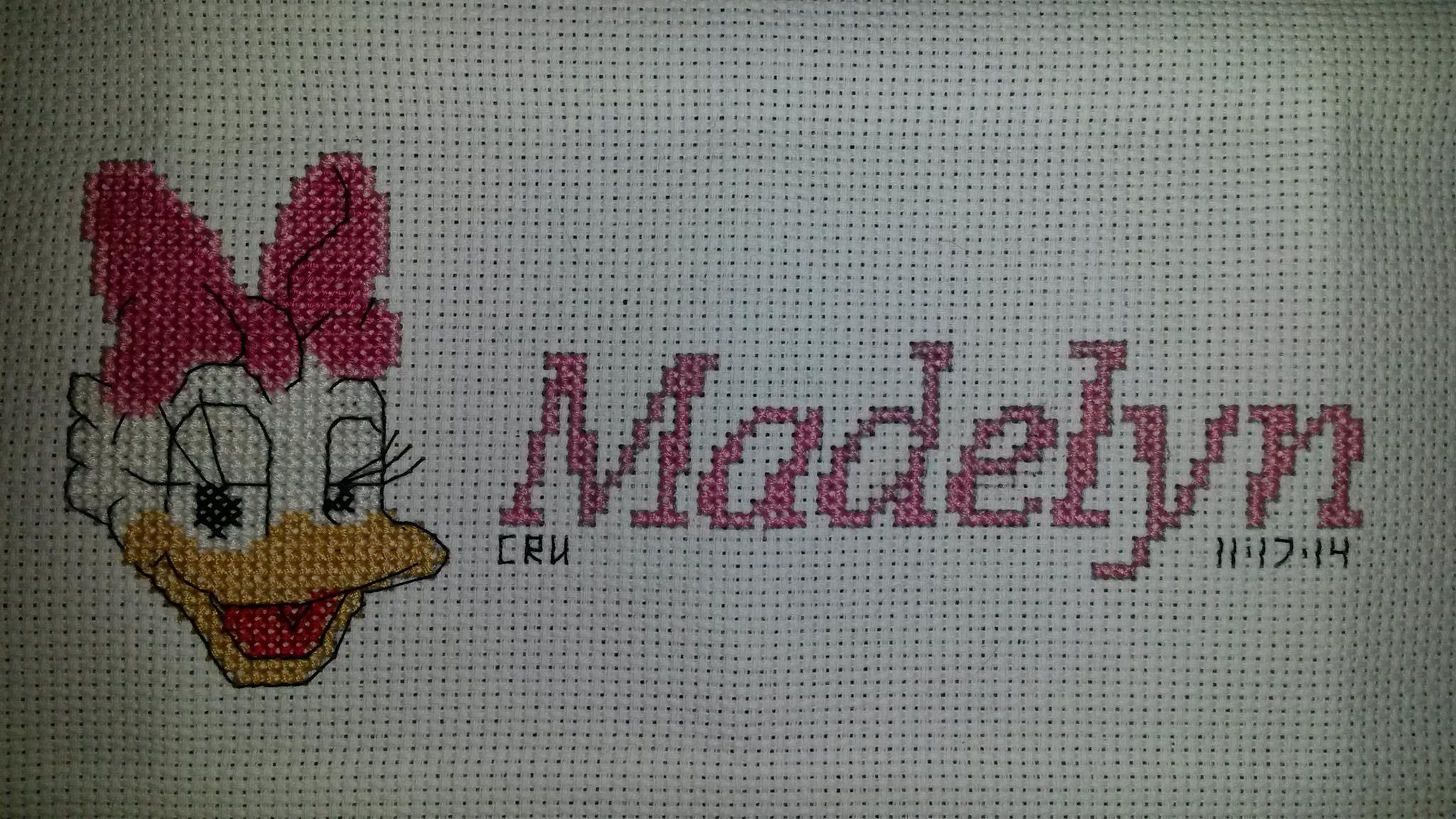 Cross stitch name Madelyn with Disney Daisy Duck author facebook user Carrie Renae Uetz