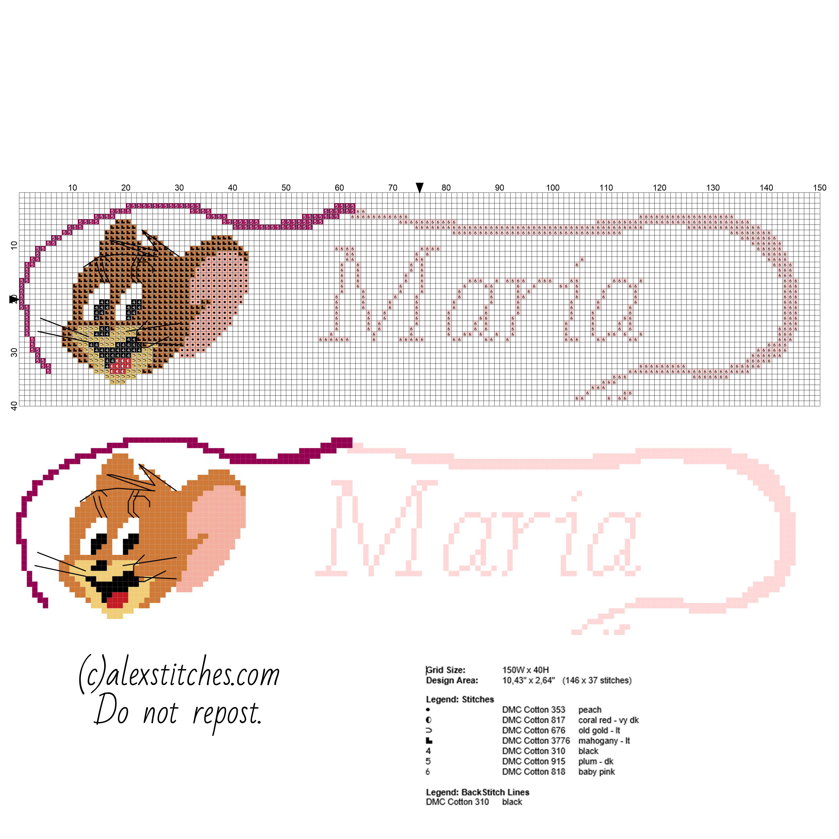 Cross stitch name Maria with Jerry from Tom and Jerry cartoon