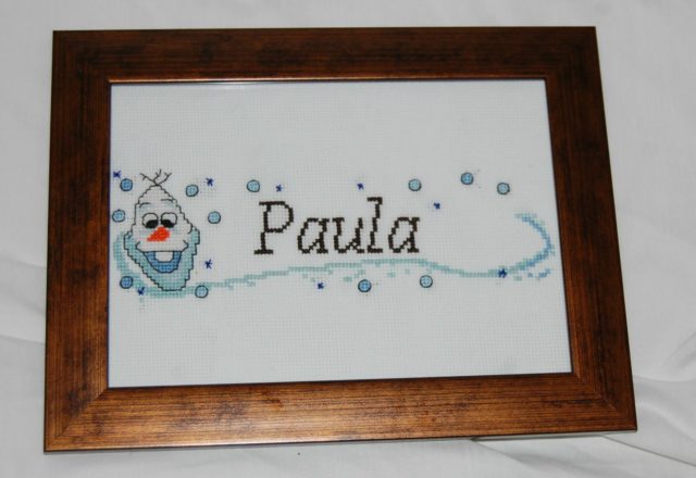 Cross stitch name Paula with Disney Frozen Olaf author Facebook User Jeanne Nagel