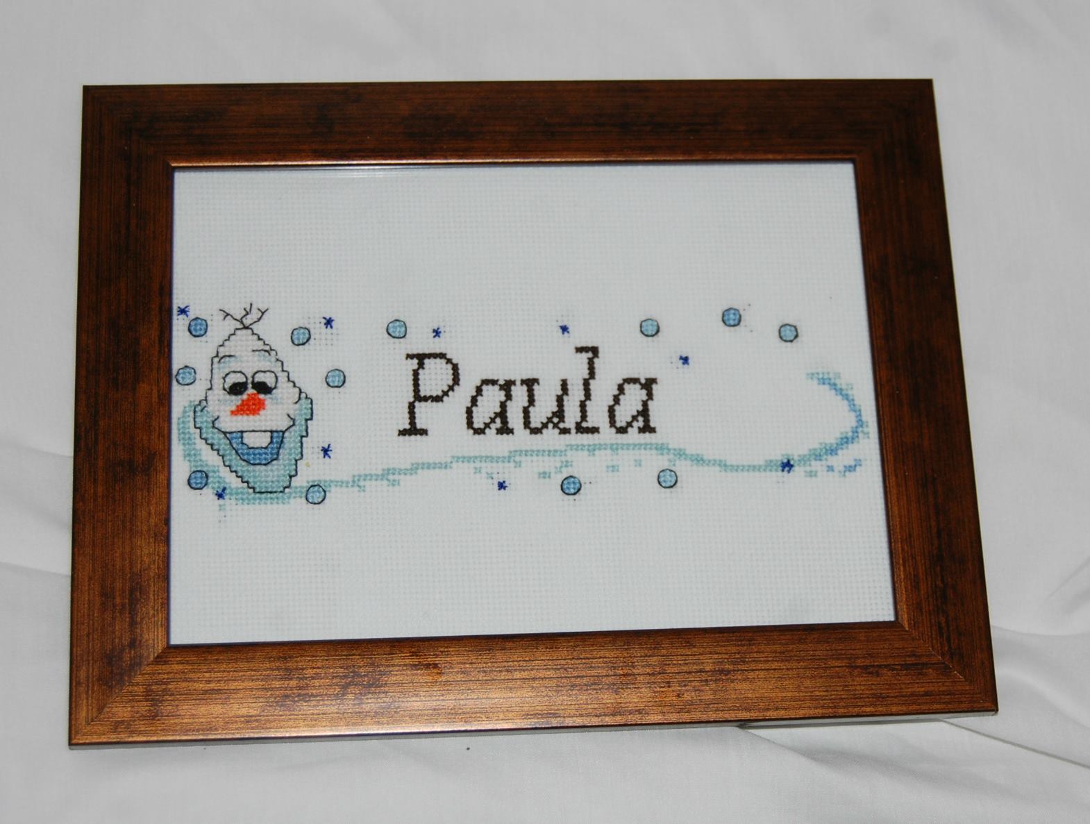 Cross stitch name Paula with Disney Frozen Olaf author Facebook User Jeanne Nagel