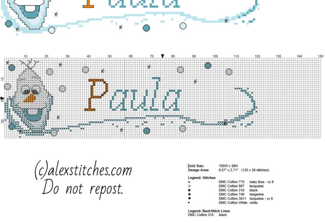 Cross stitch name Paula with Disney Frozen Olaf face free pattern download