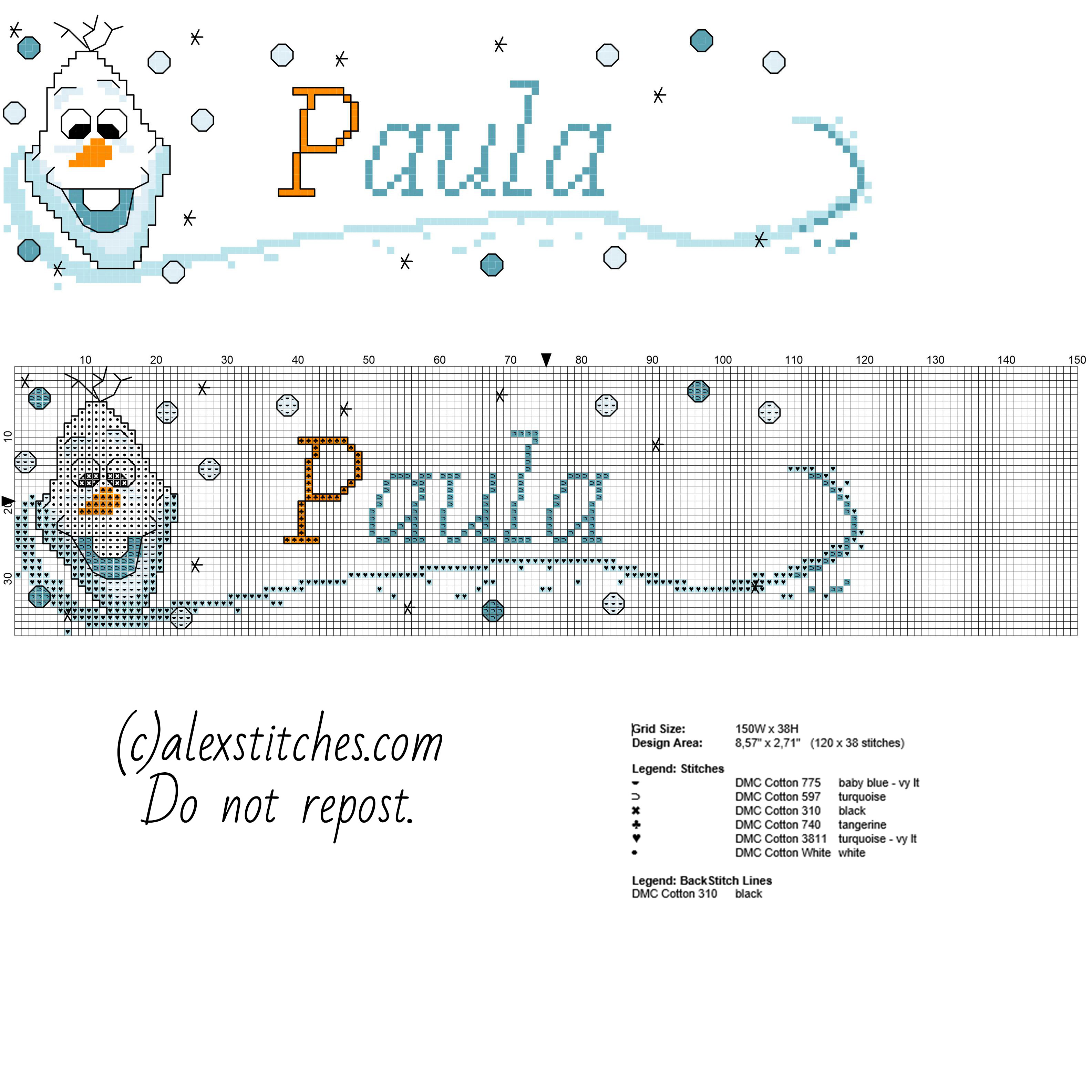 Cross stitch name Paula with Disney Frozen Olaf face free pattern download