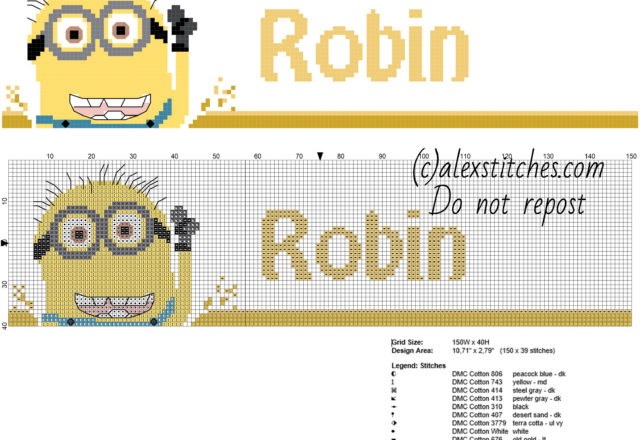 Cross stitch name Robin with Minion from Despicable Me free pattern download