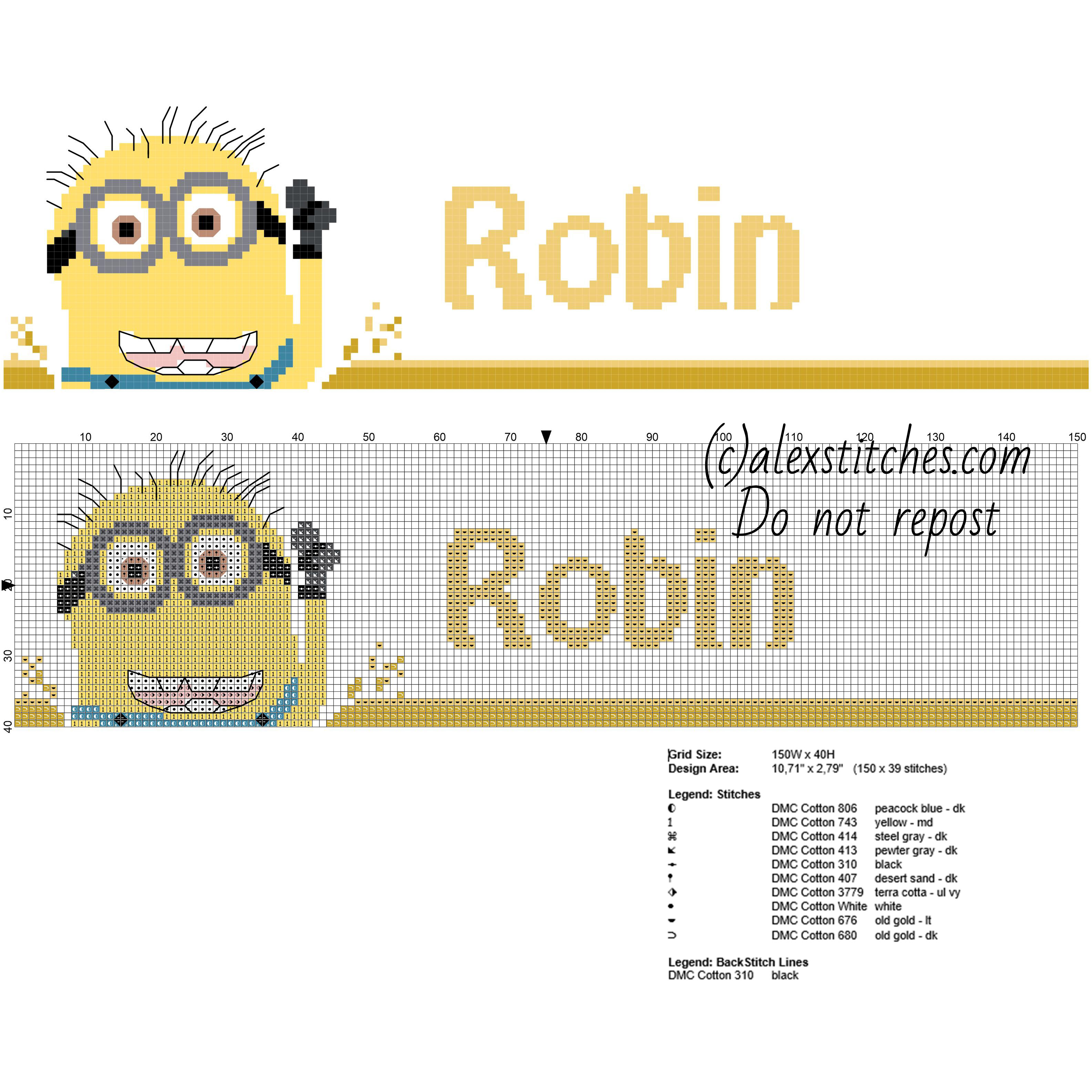 Cross stitch name Robin with Minion from Despicable Me free pattern download