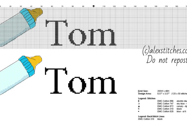 Cross stitch name Tom with a light blue feeding bottle free pcstitch download
