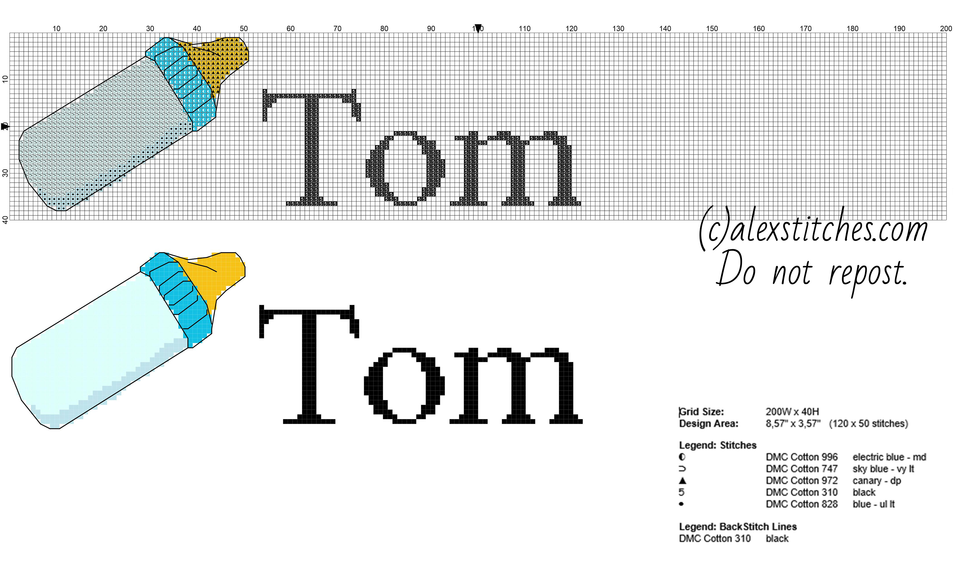 Cross stitch name Tom with a light blue feeding bottle free pcstitch download