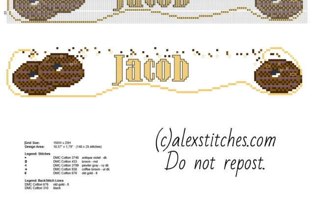 Cross stitch name baby male Jacob with chocolate biscuits free cross stitch pattern download