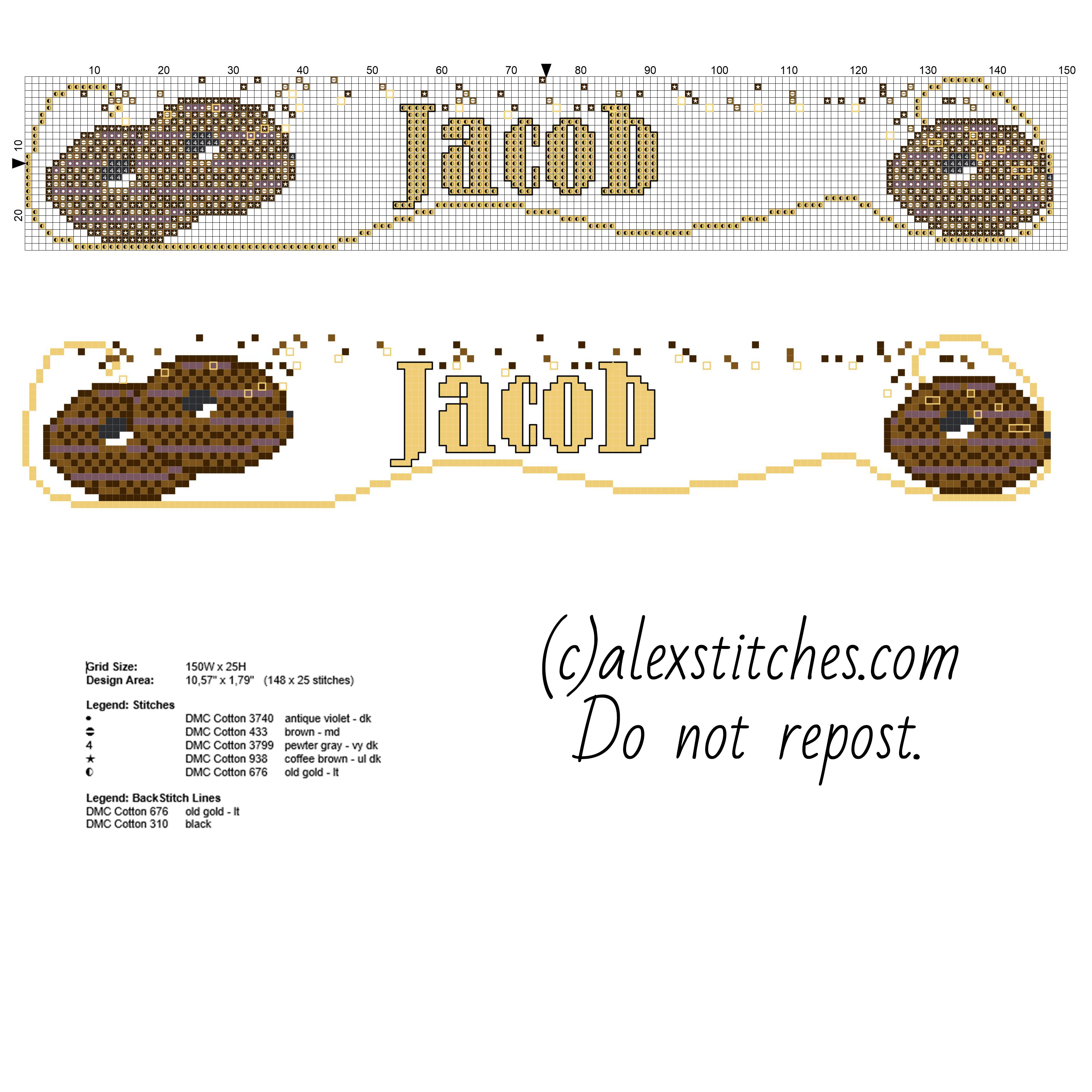 Cross stitch name baby male Jacob with chocolate biscuits free cross stitch pattern download