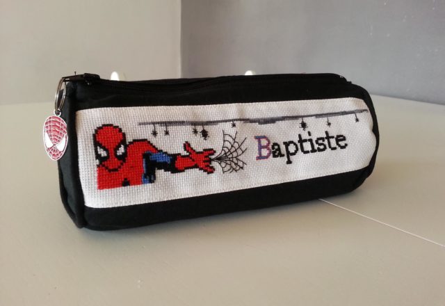Cross stitch name with Spiderman on a pencil case cross stitch work author Facebook User Christelle Portevin