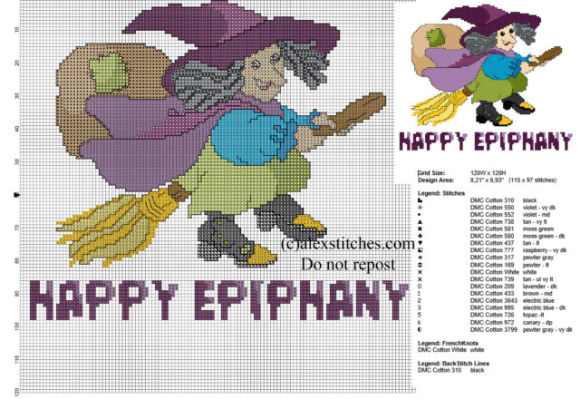 Cross stitch pattern Befana on broom for Epiphany Festivity