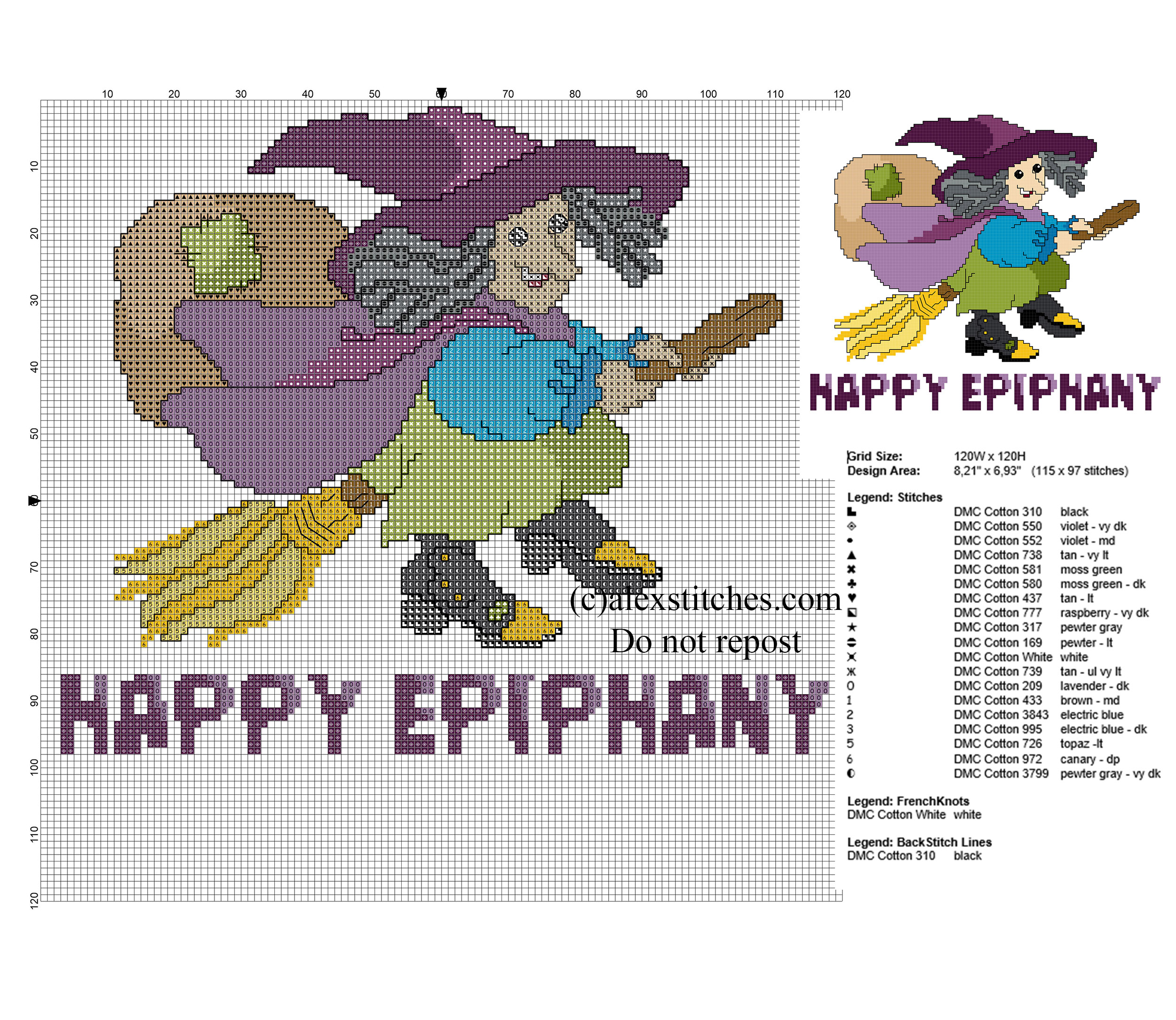 Cross stitch pattern Befana on broom for Epiphany Festivity