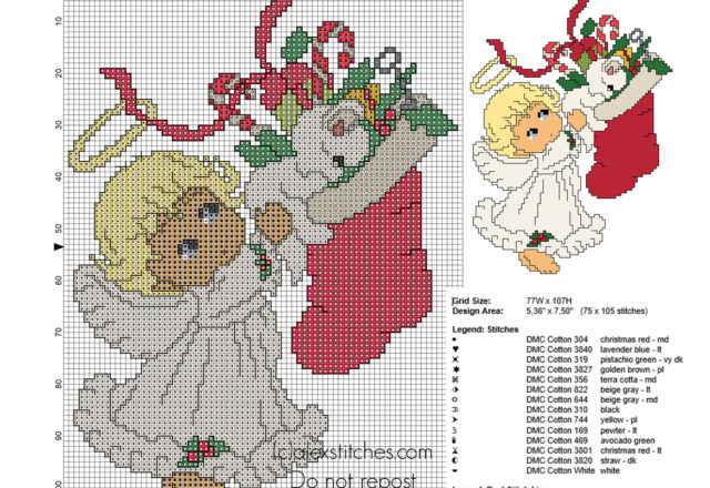 Cross stitch pattern Christmas baby Angel with white cat