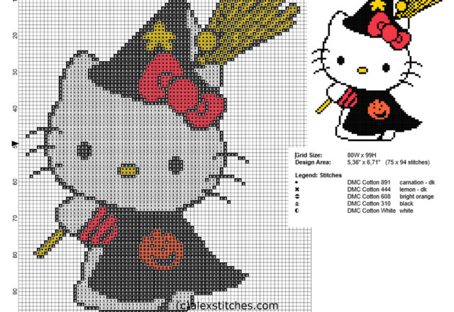Cross stitch pattern Hello Kitty Halloween Witch