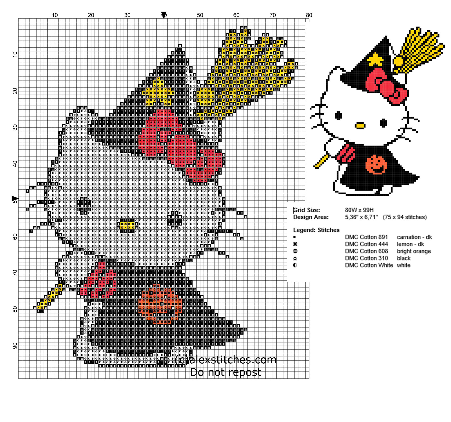 Cross stitch pattern Hello Kitty Halloween Witch