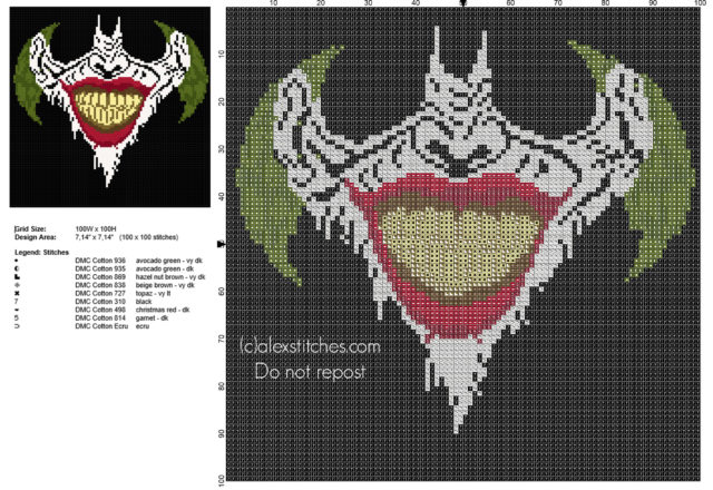 Cross stitch pattern Joker face free download 100 x 100 stitches