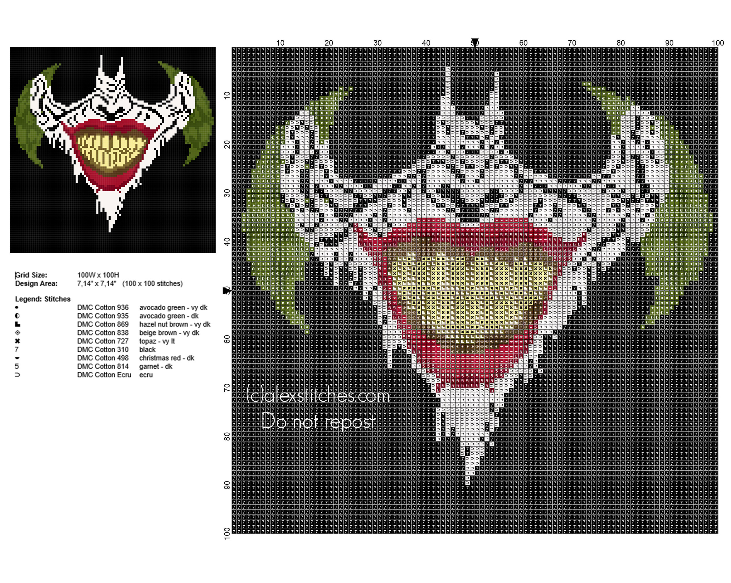 Cross stitch pattern Joker face free download 100 x 100 stitches