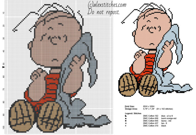 Cross stitch pattern Linus from Peanuts cartoon free download pcstitch