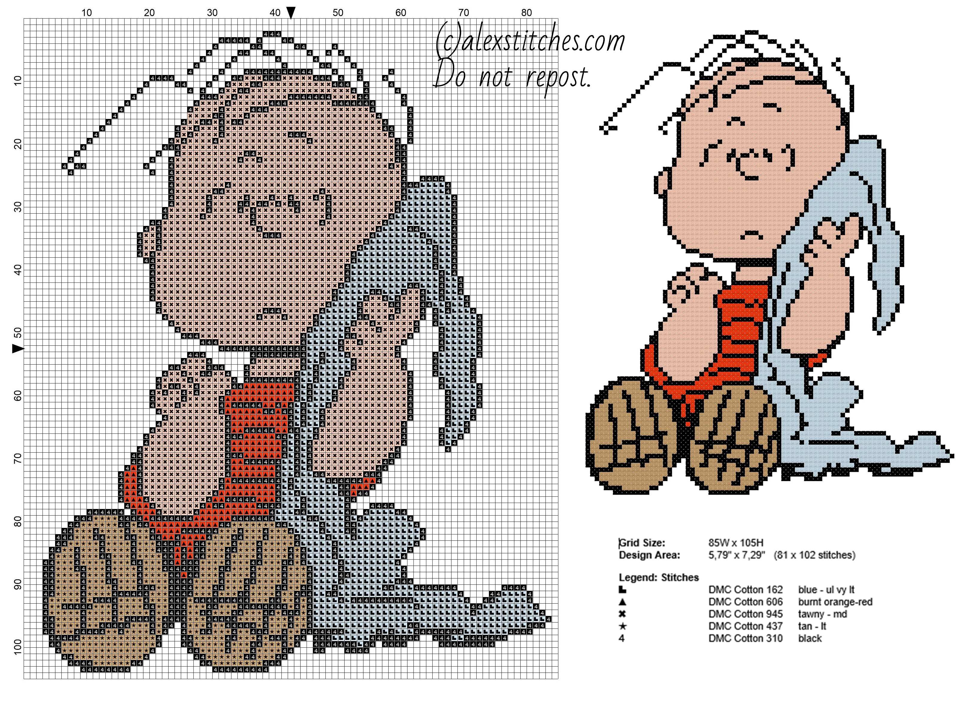 Cross stitch pattern Linus from Peanuts cartoon free download pcstitch