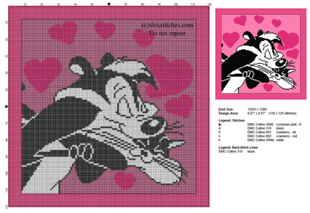 Cross stitch pattern Pepé Le Pew and Penelope Cat Looney Tunes Valentine’ s Day