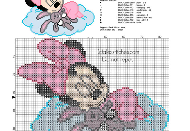 Cross stitch pattern baby Minnie sleeping with teddy bear