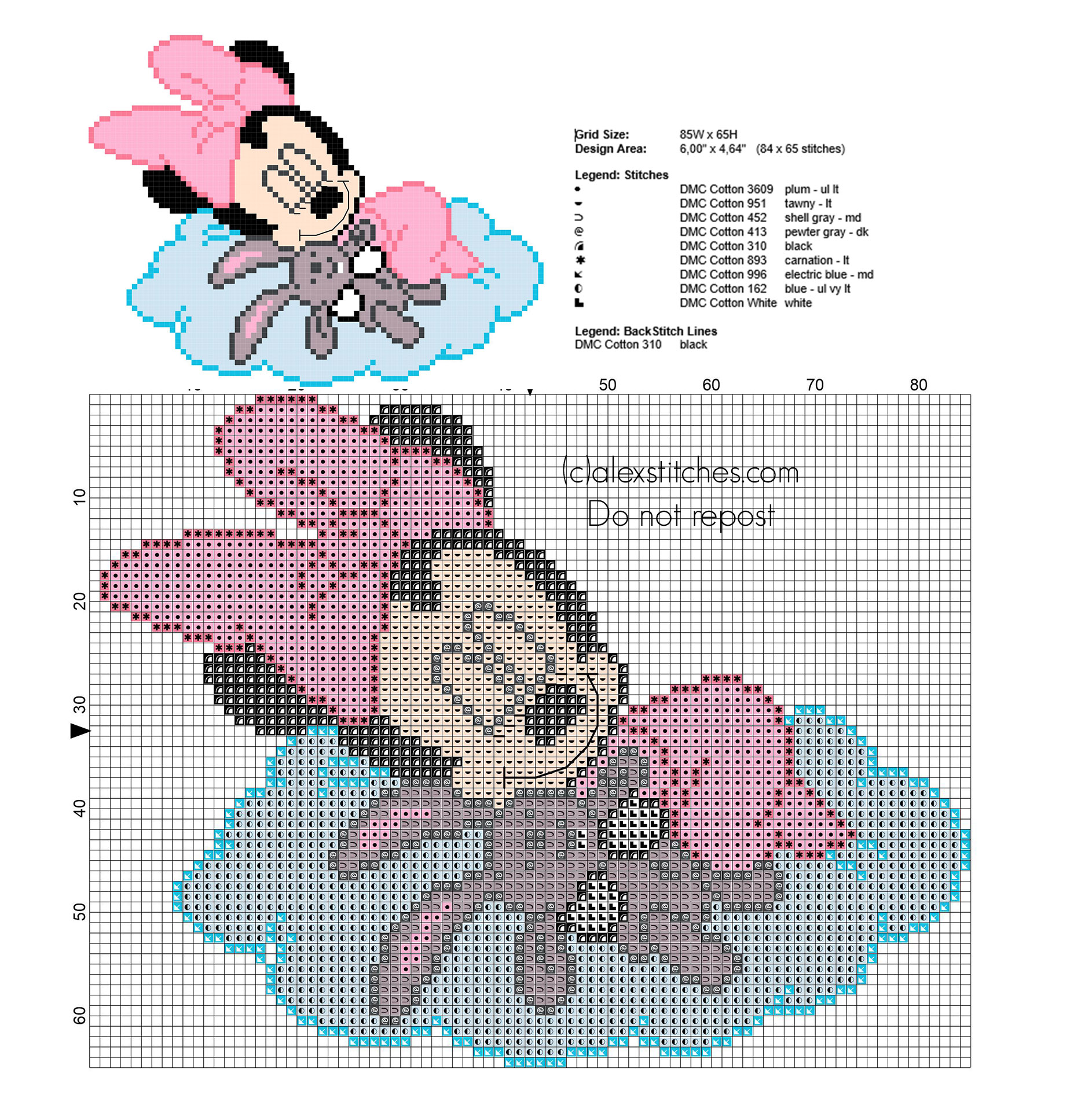 Cross stitch pattern baby Minnie sleeping with teddy bear