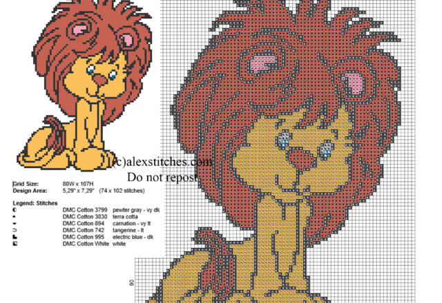 Cross stitch pattern baby lion 74 x 102 stitches 6 DMC threads