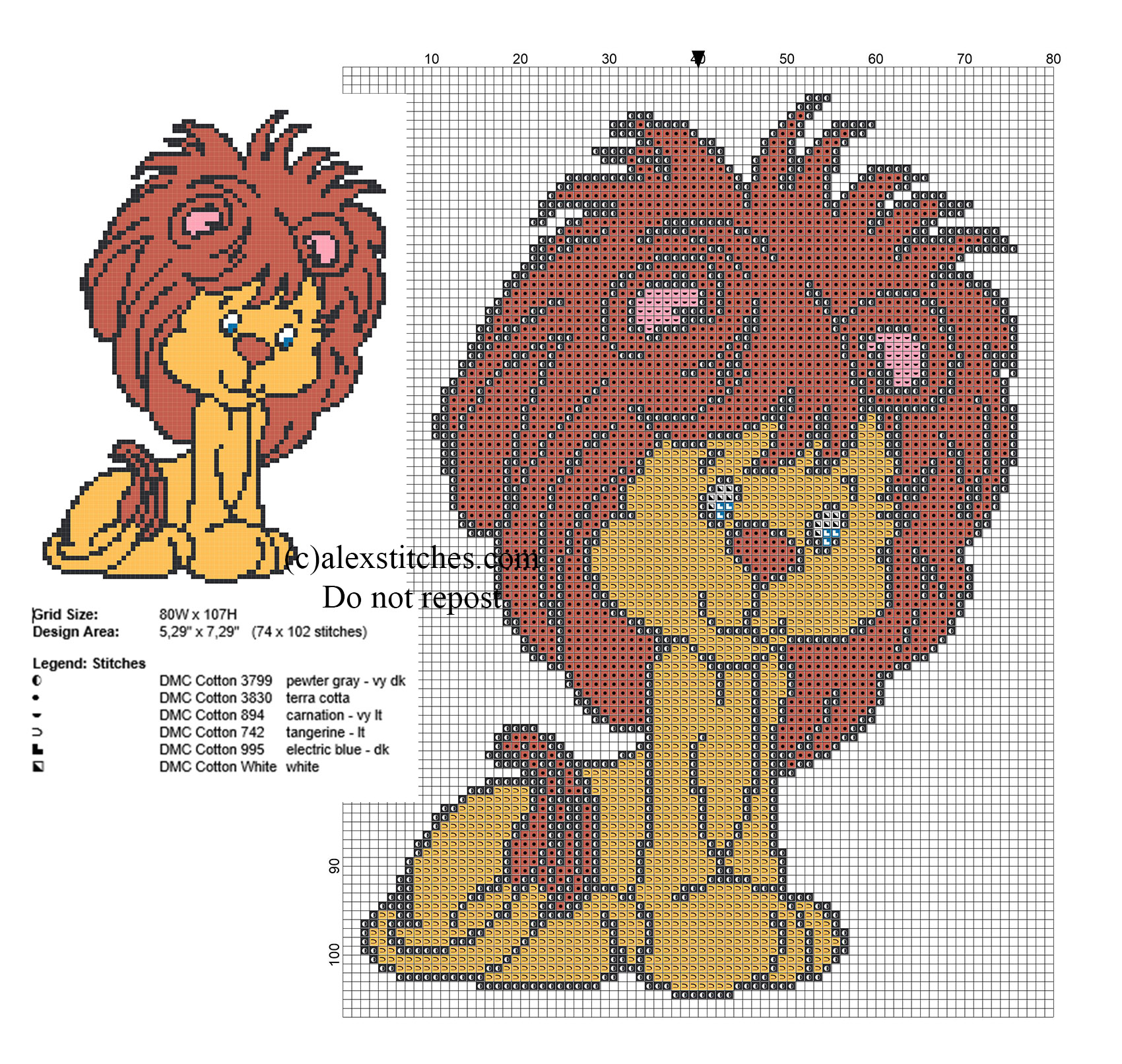 Cross stitch pattern baby lion 74 x 102 stitches 6 DMC threads