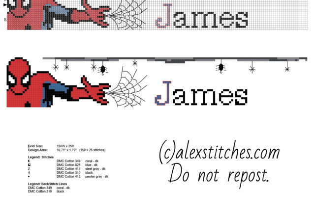 Cross stitch pattern baby male name James with Spider Man