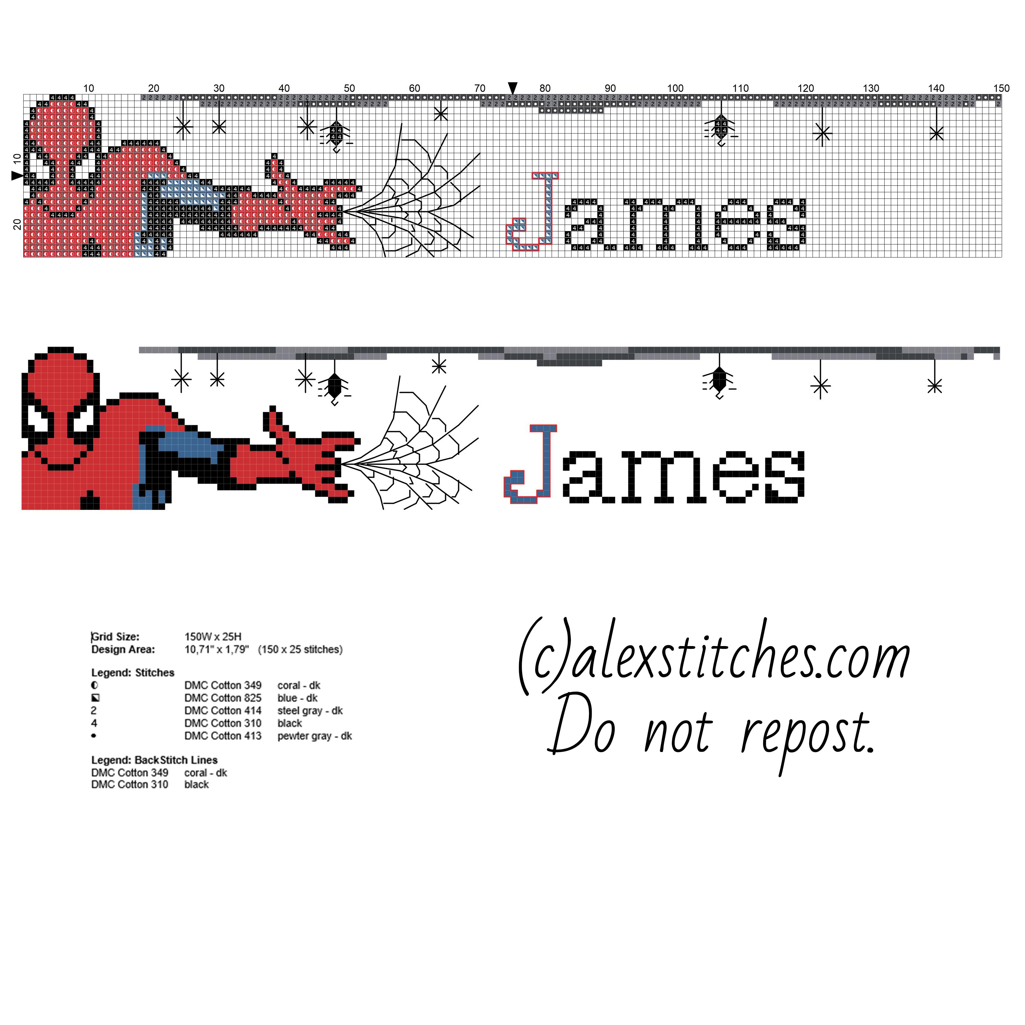 Cross stitch pattern baby male name James with Spider Man