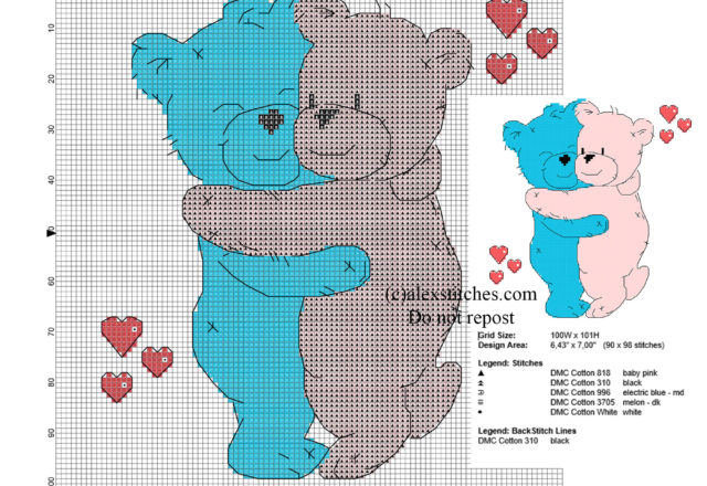 Cross stitch pattern blue and pink teddy bears in love hugging
