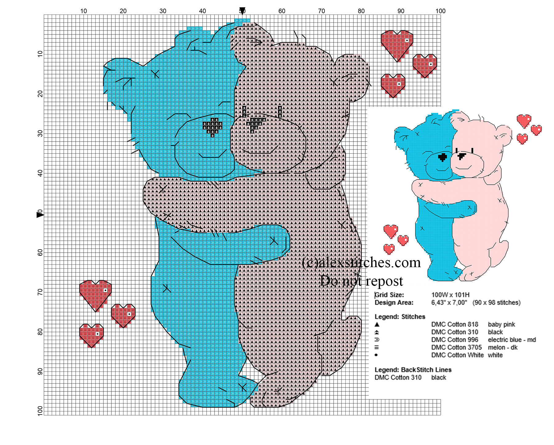 Cross stitch pattern blue and pink teddy bears in love hugging