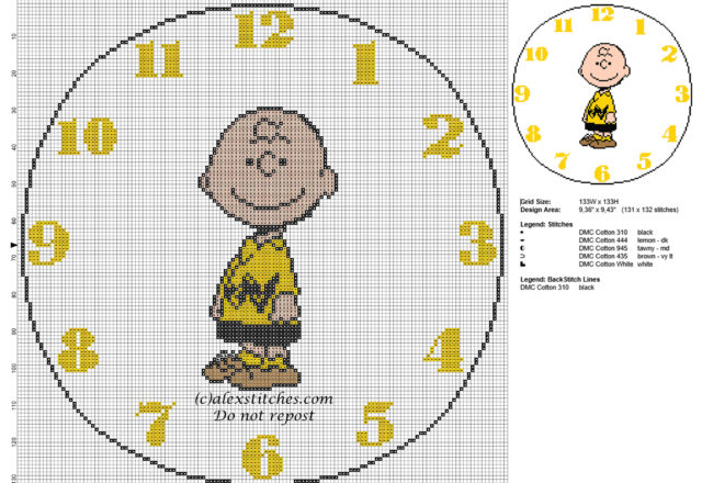 Cross stitch pattern children clock with Charlie Brown